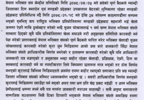 म्याग्दीकाे भलिवल कप्तान सुजन चोखालमाथि एक वर्ष प्रतिबन्ध, भलिवल संघ म्याग्दीले आधिकारिक धारणा माग्याे